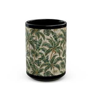 TropicalBlack Mug, 11 & 15 oz – Botanical Palm Mosaic Coffee Cup