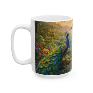 Black Coffee Mug: UFO and 2 Peacocks