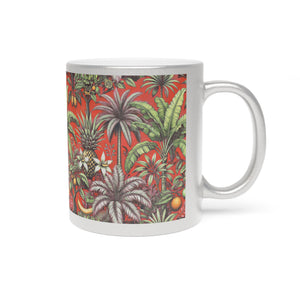 Tropical Metallic Mug, Gold or Silver - Tropical Palms & Fruit, Red