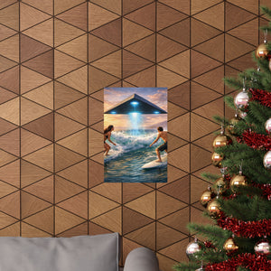 Surfing Encounter UFO Poster — Matte Vertical Sci‑Fi Beach Art Print