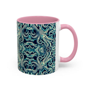 Accent Color Coffee Mug, Many Colors - 11oz & 15oz / Twisted Aqua Octopus