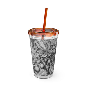 Tropical Tumbler with Straw | 16 oz: Tropical Palms & Fruit, Noir