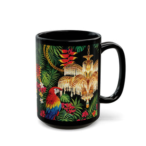 Tropical Parrot Black Mug — Jungle Floral Design with Chandelier (11oz/15oz)