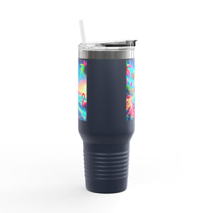 Insulated Travel Mug, 40oz / Pop Art Flamingo Beach