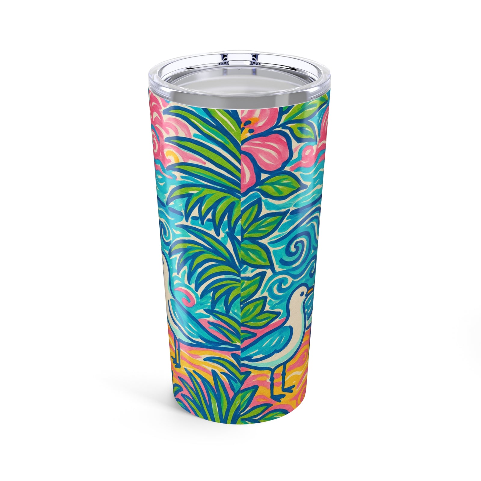 20oz Tropical Glossy Tumbler, Stainless Steel / Tropical Beach Seagulls