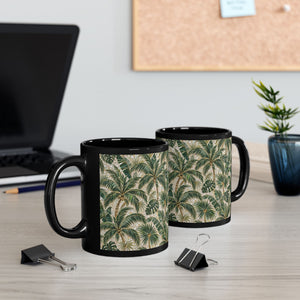 TropicalBlack Mug, 11 & 15 oz – Botanical Palm Mosaic Coffee Cup