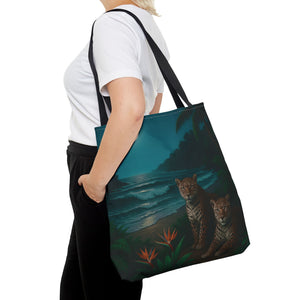 Tropical Beach & Jaguars Tote Bag, Black - 3 Sizes