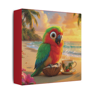Tropical Beach Canvas - Tiki the Parrot Sunrise Wall Art, Dark Red