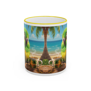 Accent Rim & Handle Coffee Mug ~ Lulu the Parrot Drinking Coffee