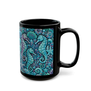 Black Coffee Mug - Seahorse Trio, Turquoise