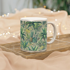 Tropical Metallic Mug, Silver - Palms & Bananas, Taupe Green