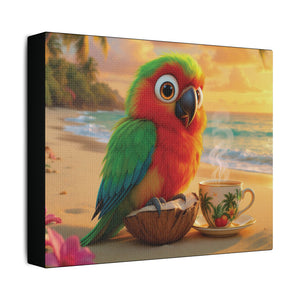 Tropical Beach Canvas - Tiki the Parrot Sunrise Wall Art, Black