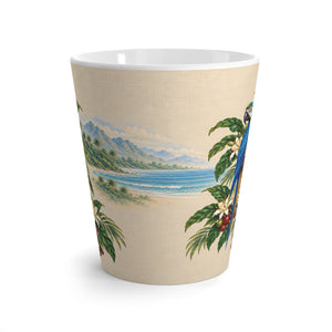 Tropical Parrot Latte Mug – Hawaiian Beach, Hibiscus & Blue Macaw Coffee Cup