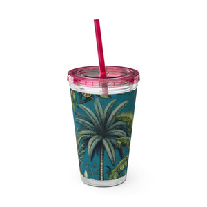 Tropical Tumbler with Straw | 16 oz: Tropical Palms & Fruit, Blue