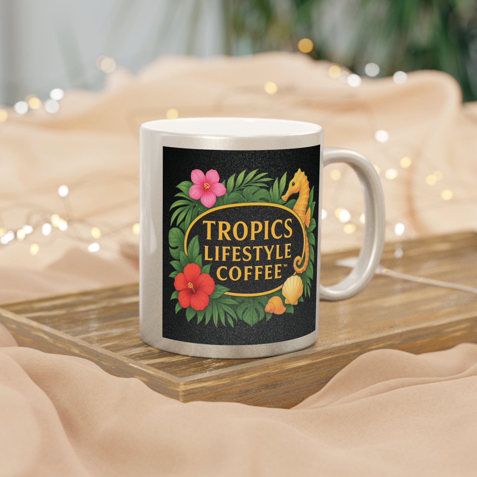 Tropical Metallic Mug, Gold or Silver - Tropics Lifestyle Coffee Seahorse Logo, Black