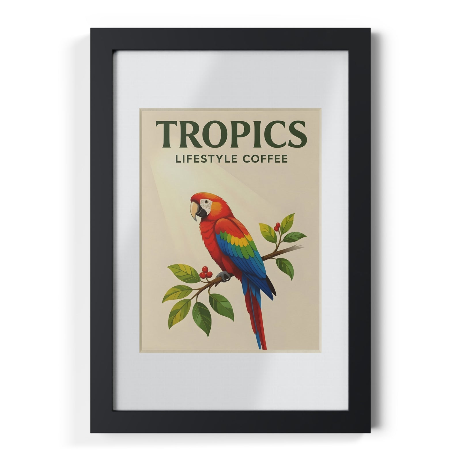 Tropics Parrot Framed Poster — Vintage Coffee Artwork