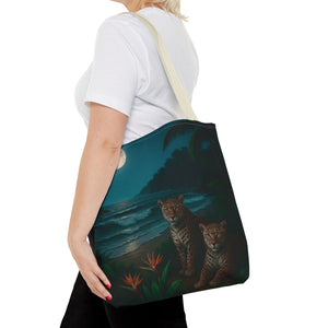 Tropical Beach & Jaguars Tote Bag, Black - 3 Sizes