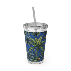 Tropical Tumbler with Straw | 16 oz: Tropical Palms & Fruit, Blue