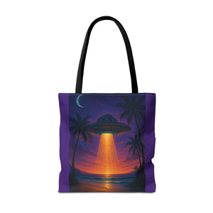 UFO at Beach Sunset Tote Bag, Purple - 3 Sizes