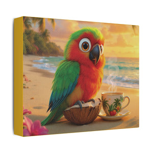 Tropical Beach Canvas - Tiki the Parrot Sunrise Wall Art, Yellow