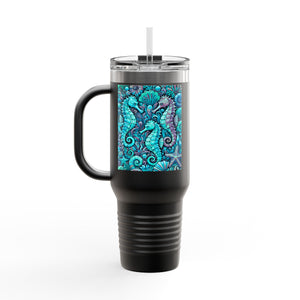 Insulated Travel Mug, 40oz / Seahorses, Turquoise - Perfect for Outdoor Adventures