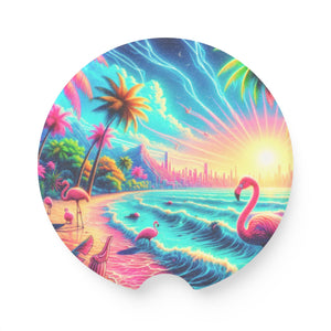 Soapstone Car Coaster - Fantasy Flamingo Beach