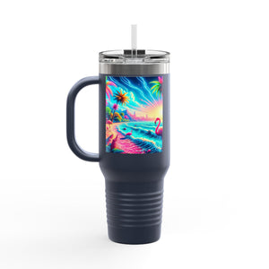 Insulated Travel Mug, 40oz / Pop Art Flamingo Beach