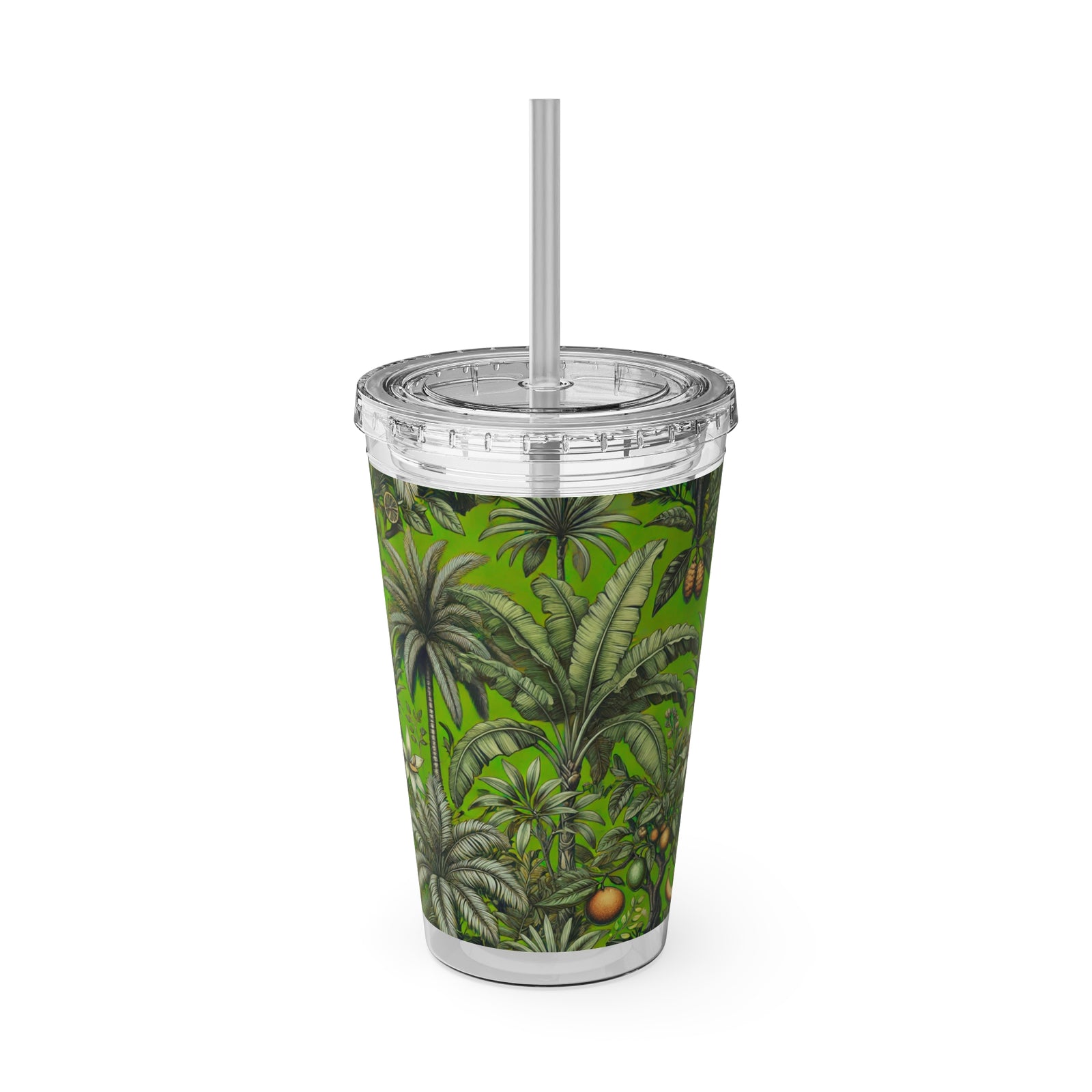 Tropical Tumbler with Straw | 16 oz: Tropical Palms & Fruit, Green