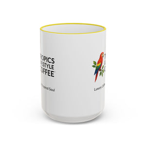 Accent Rim & Handle Coffee Mug ~ Tropics Lifestyle Coffee Parrot Logo