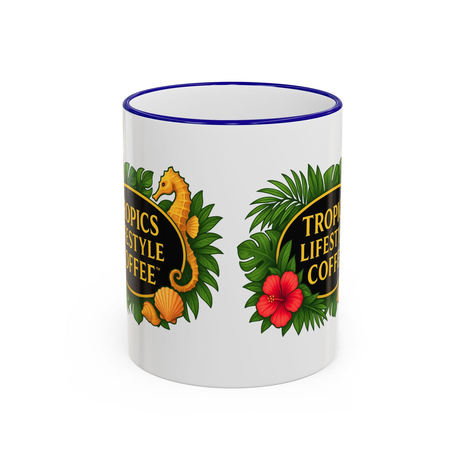 Accent Rim & Handle Coffee Mug ~ Tropics Lifestyle Coffee Seahorse Logo/White