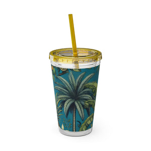 Tropical Tumbler with Straw | 16 oz: Tropical Palms & Fruit, Blue