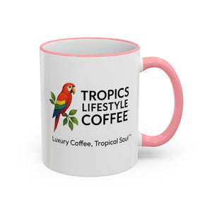 Accent Rim & Handle Coffee Mug ~ Tropics Lifestyle Coffee Parrot Logo