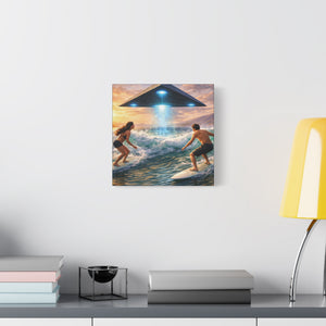Surfing UFO Canvas Print — Beach Sunset Sci‑Fi Wall Art