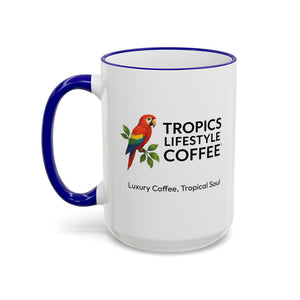 Accent Rim & Handle Coffee Mug ~ Tropics Lifestyle Coffee Parrot Logo