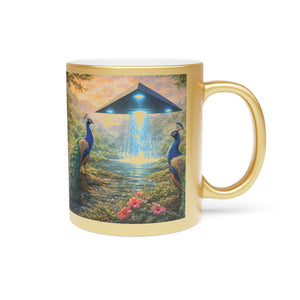 Tropical Metallic Mug, Gold or Silver - UFO & Peacocks