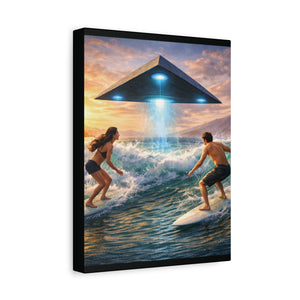 Surfing UFO Canvas Print — Beach Sunset Sci‑Fi Wall Art