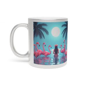 Tropical Metallic Mug, Gold or Silver - Moonlit Mermaid and Flamingos