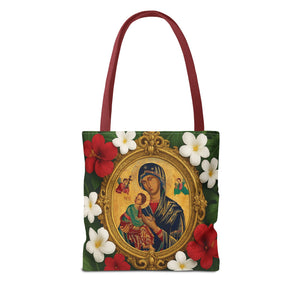 Religious Art Polyester Tote Bag, 3 Sizes / Our Lady of Perpetual Help, Red Flowers