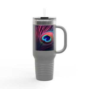 Insulated Travel Mug, 40oz / Peacock Eye Feather, Magenta - Perfect for Outdoor Adventures