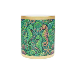 Tropical Metallic Mug, Gold or Silver - Seahorse Trio, Lime