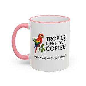 Accent Rim & Handle Coffee Mug ~ Tropics Lifestyle Coffee Parrot Logo