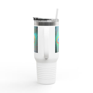 Insulated Travel Mug, 40oz / Peacock Eye Feather, Turquoise- Perfect for Outdoor Adventures