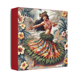 Tropical Wall Art ~ Hawaiian Hula Dancer Satin Canvas Print, Dark Red