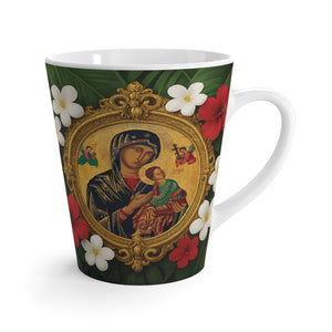 Religious Latte White Mug - Our Lady of Perpetual Help, Virgin Mary, Red Flowers