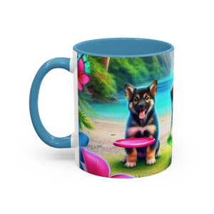 Cute Beach Puppies Playing Frisbee - Black Coffee Mug - Perfect Gift for Dog Lovers
