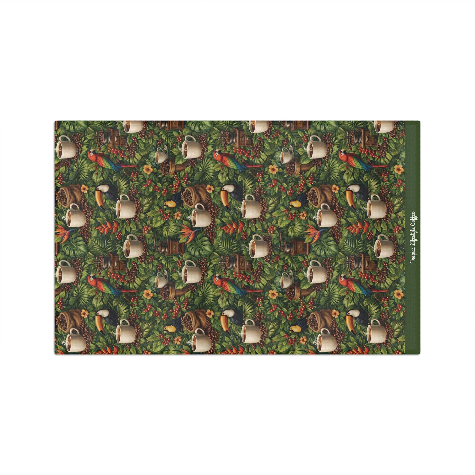 Microfiber Coffee & Tea Towel — Tropical Parrot, Toucan & Coffee Pattern