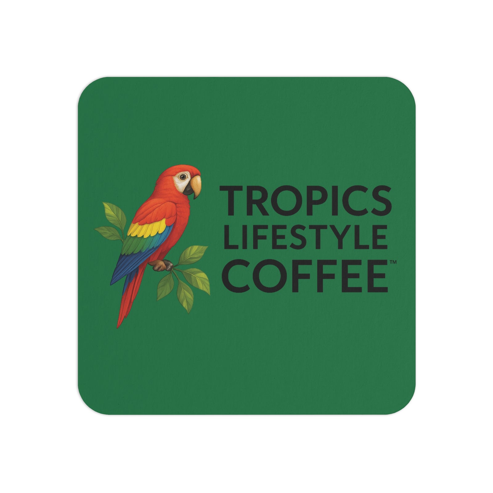 Bulk Durable Hardboard Coffee Coasters — Tropics Lifestyle Coffee Parrot Logo (50/100 pcs), dark green