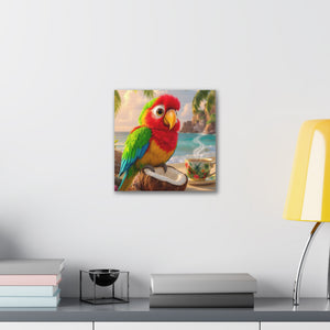 Tropical Parrot Canvas Wall Art — Colorful Beach Scene with Coffee Cup