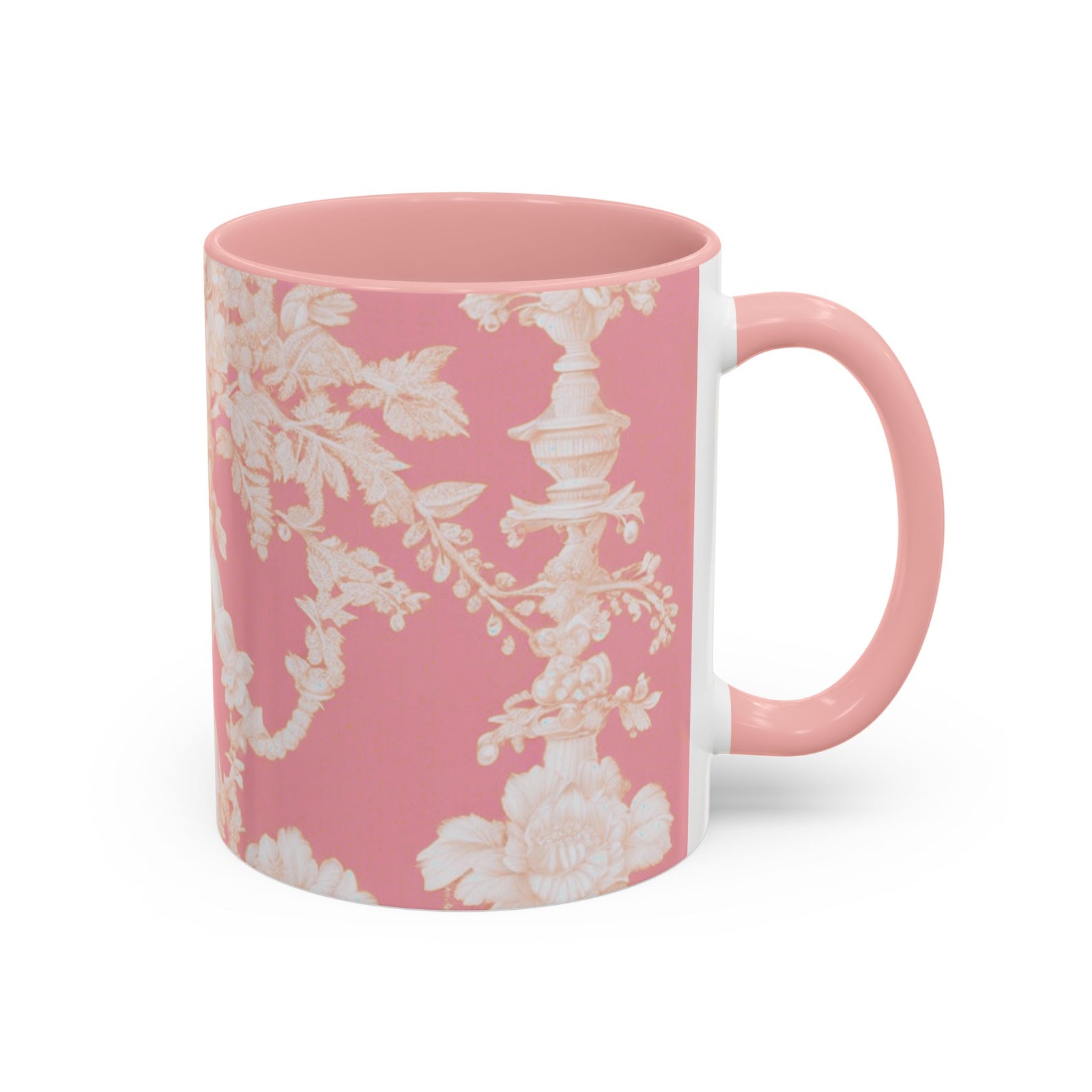 Accent Color Coffee Mug (11, 15oz), Pearl Lady Toile/Hibiscus Pink