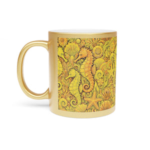 Tropical Metallic Mug, Gold or Silver - Seahorse Trio, Yellow